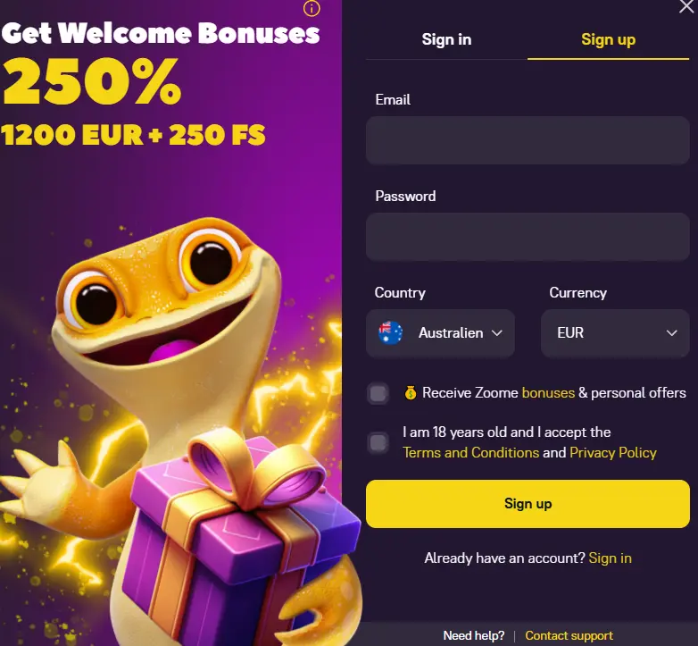 zoome casino sign up process